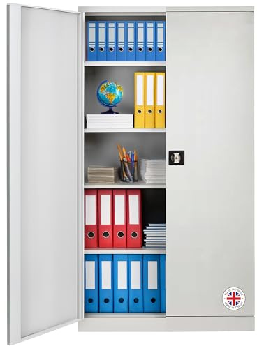Horison Industries Lockable Metal Storage Cabinet, Grey, 1950x1200x422mm | Lockable Storage Cabinet, Flat Pack Metal Cabinets, Tall Cupboard with Shelves & Doors Tall Cupboards for Home Office Garage