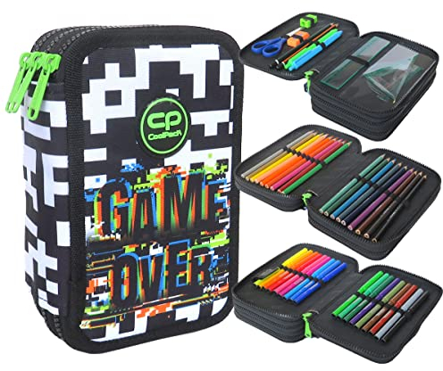 CoolPack XXL Pencil Case 3-Compartment School Pencil Case Triple Pencil Case for Boys Girls Game Over Pencil Case 44-Piece Filled Student Case 3-Tier, White, Pencil case