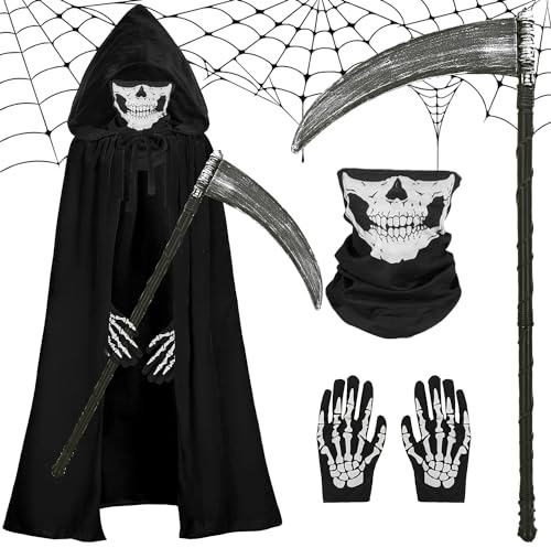 Miulruma Disfraz de Sensenmann para niños, disfraz de Halloween, 4 piezas, disfraz de muerte con guadaña, máscara de cráneo, guantes, capa con capucha para Halloween, disfraz de Grim Reaper A010M