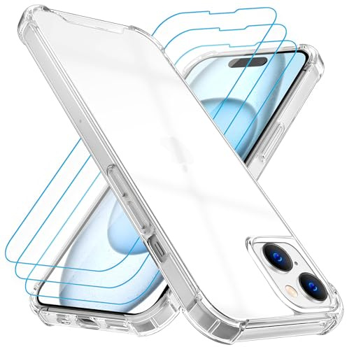 Whioltl Custodia per iPhone 15 con 3 pellicole protettive 4 in 1, trasparente, antigraffio, antiurto, protezione completa non ingiallita, ultra trasparente