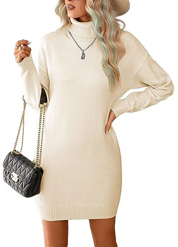JFAN Vestido de Punto para Mujer on Cuello Alto Vestidos de Jersey Elegantes de Invierno Midi Vestidos Casual para Mujer Beige S