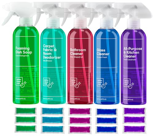 DOLLAR CLEAN CLUB Complete Home Cleaning 15 Pack Kit, Kitchen, Bathroom, Carpet, Dish, and Glass Cleaner Refills