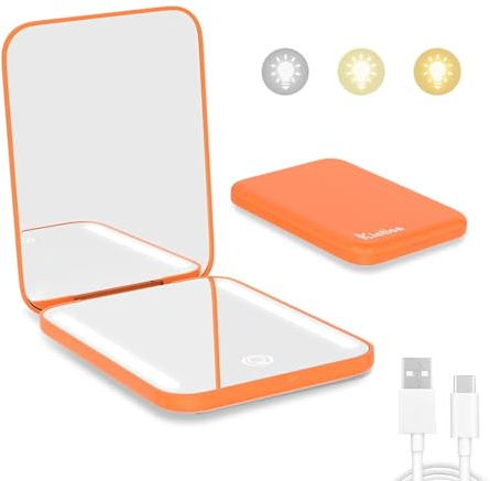 Kintion Wiederaufladbarer Taschenspiegel, LED Kompakt Reise Spiegel,Orange | 1X/3X Tragbarer Kompaktspiegel, 3 Farbtemperaturen, Touchscreen Dimmbar, Kleine Handtaschenspiegel, für Frauen als Geschenk