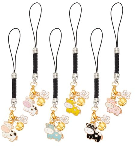 OLYCRAFT 6 Stück Kuh Anhänger Für Mobiltelefone Japanischer Stil Kuh Telefonanhänger Legierung Kuhblume Mit Kleiner Glocke Anhänger Handygurt Anhänger Für Schlüsselanhänger Anhänger Zubehör