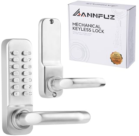 ANNFUZ Digital Keyless Entry Door Lock with Handle,Mechanical Front Gate Lock Set with Single-Sided Keypad,Combination Code Door Lock for Outdoor,Garden,Warehouse,No Electronic,Chrome (Satin Chrome)