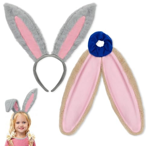 2PCS Diadema de Orejas de Conejo Gris + Gomas Pelo de Orejas Conejo Marrón, Accesorios de Disfraz de Conejo, Diadema Conejo Diadema Orejas para Carnaval Pascua Halloween Cosplay para Niños y Adultos