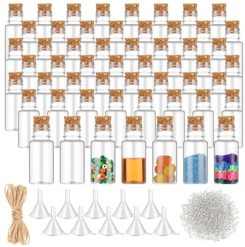 Bokon 50 Packs 10ml Mini Plastic Bottles with Corks Eye Screws Funnels
