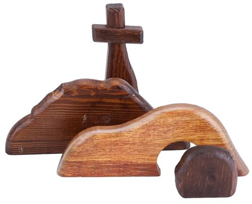 Osterszene Holz Osterkrippe Auferstehung ,Jesus-Krippe aus Holz, Kreuz, leeres Grab, Statuen-Set, Hölzerne Verzierungen für den Heimtisch, Jesus Krippe Szene Dekorationen Christian Figur Ornament