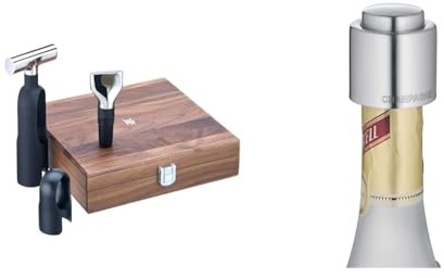 WMF Baric Sommelier Weinset 3-teilig, Korkenzieher & Clever&More Sektverschluss mit Aufschrift 3,5 cm, Champagner Verschluss, Sektflaschenverschluß, Cromargan Edelstahl mattiert, Flaschenverschluss