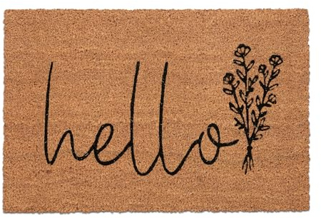 Relaxdays Fußmatte Kokos, Hello-Schriftzug, 60x40 cm, Natur/schwarz | Blumen-Motiv, innen & außen, rutschfeste Türmatte