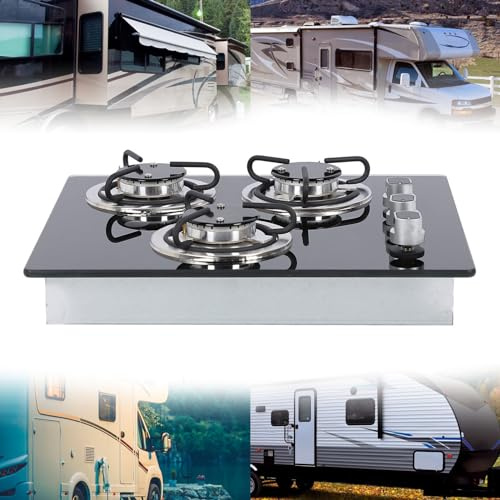 BLSYHDH Cuisinière à Gaz pour Camping-car, 3 Brûleurs de Cuisinière à Allumage électronique au Gaz GPL, Puissance de 1,8 KW, Panneau en Verre trempé, Table de Cuisson Facile à