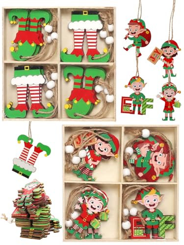 LOPOTIN 24STK Christbaumschmuck Holz Weihnachtswichtel Weihnachtsbaumschmuck Holzanhänger Weihnachten Baumschmuck Holz Weihnachtsanhänger Weihnachtsbaum Wichtel Ornament für Christmas Tree Tannenbaum