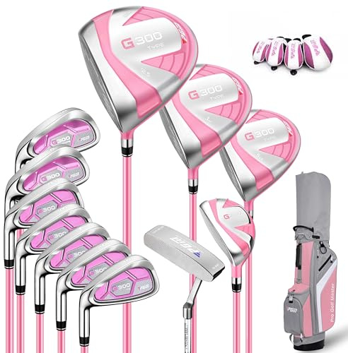 PGM Women's Left Handed Golf Club Set with 12 Clubs - 1 Titanium Driver, 3 Woods(#3,5,4H), 7 Irons(#5,6,7,8,9,PW,SW), and 1 Putter - with Golf Stand Bag,Graphite Shaft