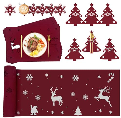19 Stück Tischset Untersetzer-Set Weihnachten, Platzdeckchen Filz | Tischläufer Winter 150 * 40cm Platzset Weihnachten Untersetzer, Bestecktasche Filz, Rot, Abwaschbar, Weihnachtsdeko Innen