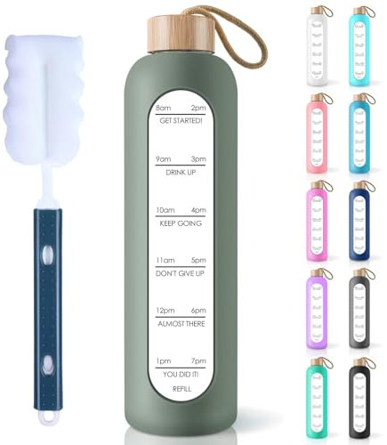 PROBTTL 25 oz Glass Water Bottles - Time Marker Motivational Borosilicate Glass Water Bottle With Silicone Sleeve and Bamboo Lid, Leak Proof, Reusable, BPA Free (Olive)
