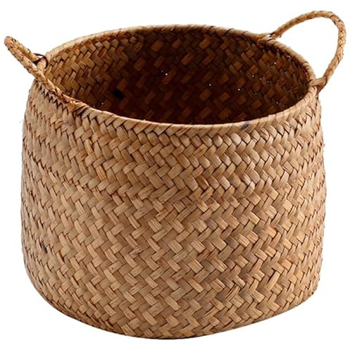 MAGICLULU Japanese Style Woven Storage Basket 7.68X6.50X6.30In Wicker Organizer Box for Cosmetics Sundries with Handles for Home and Office