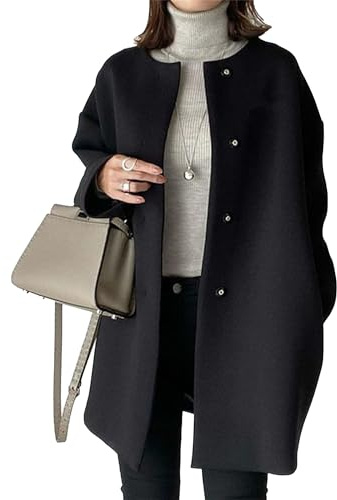 Qolkmuiy-GJ Women's Collarless Single Breasted Coat Round Neck Midi Long Woolen Outwear Warm Solid Color Wool Simple Overcoat (Black,M)