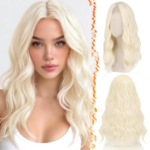 BARSDAR 46cm Lange Gewellt Platin Perücke, Mittel Länge Blond Perücke für Frauen Natürlich Mittelscheitel Haar Hitzebeständig Synthetisches Schulter Länge Lockige Perücke - Platin Blond