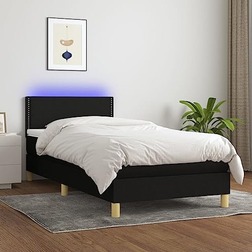 OHOOWOO Boxspringbett mit Matratze & LED Schwarz 90x200 cm Stoff,Elegantes Boxspringbett mit verstellbarem Kopfteil, LEDBeleuchtung und hochwertiger Matratze für erholsamen Schlaf