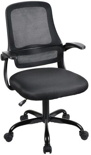 T-THREE.Adjustable ergonomic mesh swivel chair, office and study seat with lumbar support, height adjustment, 360° rotation, 90° flip-up armrests for home office(Black)