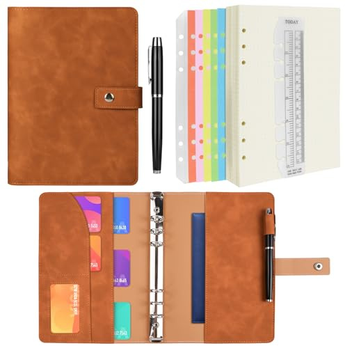 ANOMM A5 dagbok i PU-läder med uppladdningsbart papper, avtagbara ringar och innerfickor och avdelare för index, för kontor skola, affärsplanering, skrivning, brun
