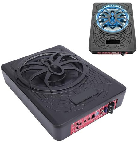 SENECESLI 10in 800W Car Subwoofer, Slim Under Seat Car Subwoofer with LED Ambient Light, Built in Amplifier, Remote Controlled Bass (Blue)