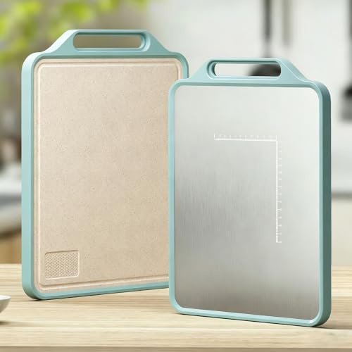 Tabla de cortar de titanio de acero inoxidable con escala de titanio. La parte trasera está hecha de material antibacteriano de polipropileno, tablas de cortar de doble cara para carne, pan, verduras
