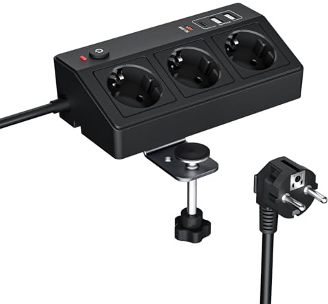 Steckdosenleiste mit USB C PD 20W, 4000W/16A, 3 Fach Mehrfachsteckdose mit 2M Kabel & Schalter, Tischsteckdose mit Überspannungsschutz - Ideal für Schreibtisch Zuhause/Büro