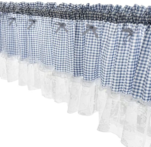 Blue Plaid Gingham Valance With Lace Ruffle Trim And Bowknot, Short Curtain For Kitchen, Bathroom, Outdoor Cafe, 79 X 18 Inches