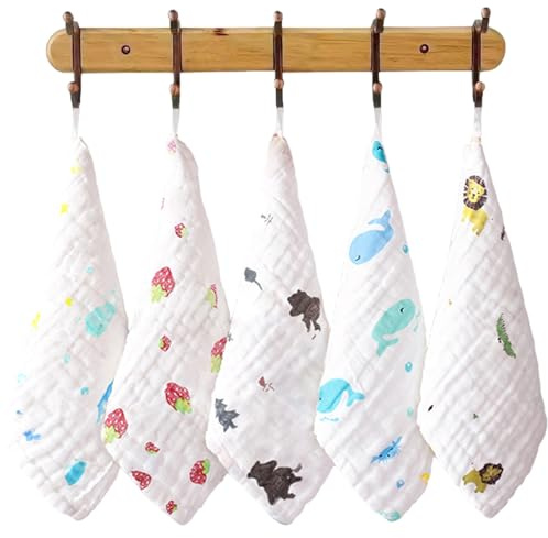 Lot de 5 lingettes en mousseline pour bébé 30 x 30 cm super absorbantes et respirantes en coton lavable avec corde de suspension.