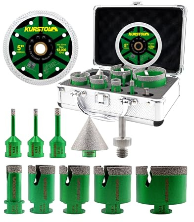 Diamant Fliesenbohrer Set 11 Stück – KURSTOL Diamantbohrer Lochsägen-Set | 6/6/8/20/35/40/50/68mm+50mm Fasenbohrer+125mm Trennscheibe+Adapter für Fliesen Porzellan Keramik Granit Marmor