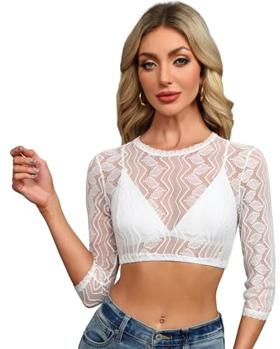 Zeagoo Dirndl Blouse Women's Black Dirndl Blouse Lace Costume Blouse Long Sleeve Dirndl Blouses White Elegant Oktoberfest Costume Blouse XS-3XL, C-white, L