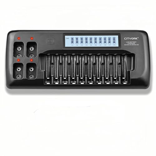 CITYORK 10+4 slot LCD Battery Charger for 1.2V AA AAA Ni-MH Rechargeable Batteries and 9V Ni-MH Li-ion Rechargeable Batteries with Built-in IC Protection
