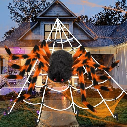 HBSFBH Halloween Decorazione Ragnatela Esterna, Set di Ragno Gigante Halloween, Ragnatela Gigante Triangolare, con Ragno Gigante+Ragno Piccolo+Ragnatela, per Halloween Decorazioni Casa Stregata Feste