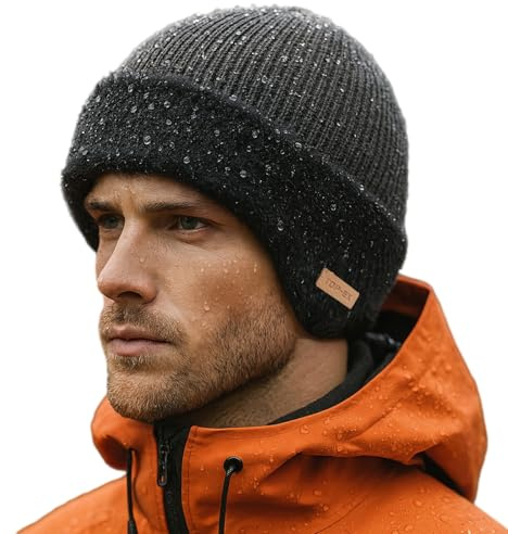 TOP-EX DryKnit Bonnet thermique imperméable doublé en polaire avec cache-oreilles pour homme, gris, XL/XXL