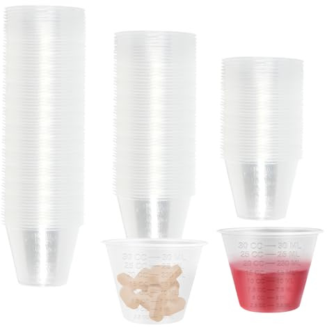Kleemeiero 200 Stück Medizin Messbecher Klein Flüssigkeits-Messbecher Mini 1 oz (30 ml) Medikamentenbecher mit Maßskalen Urinbecher Kleinen Messbecherchen für Flüssigmedikamente Harz Farbe Pillen