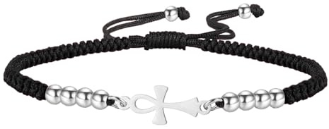 Amaxer Ankh - Bracciale da donna in corda intrecciata in acciaio inox egiziano antico, simbolo geroglifico e chiave di vita, regolabile, con ciondoli