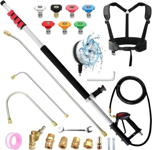 Gresonic Perche télescopique 7,7m pour Nettoyeur Haute Pression - Brosse Ronde, 3 Lances à Gouttière, 7 Buses, Raccords, Adaptateurs et Accessoires（7,7m Tête de Brosse Ronde ）