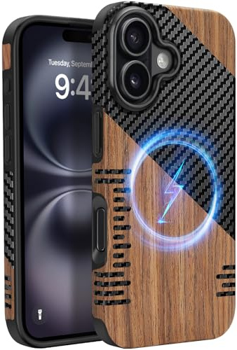 ZZDZZ Coque Magnétique pour iPhone 16 [Compatible avec MagSafe] Étui en Bois et Cuir Protection Antichoc Housse pour iPhone 16 - Twill Bois