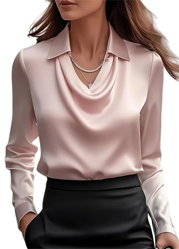 Chemisier en satin à manches longues et col bénitier pour femme - Soyeux - Décontracté - Haut de bureau, rose, M
