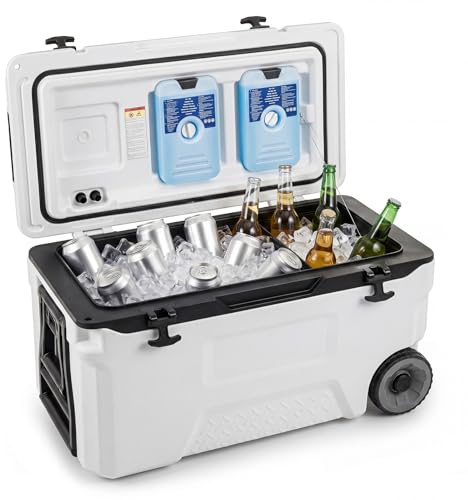 COSTWAY kylbox, stor termolåda av plast med hjul och handtag, isoleringslåda med dräneringsplugg, mugghållare och säkerhetslås, bärbart kylskåp för camping och picknick