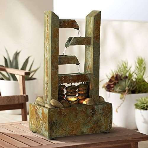 Zigzag Zen 17 1/4 High Small Modern Indoor Decor Slate Stone Tabletop Fountain with Light Tiered Waterfall Cascading Water Feature for Desk Relaxation Bedroom Living Room Countertop - John Timberland