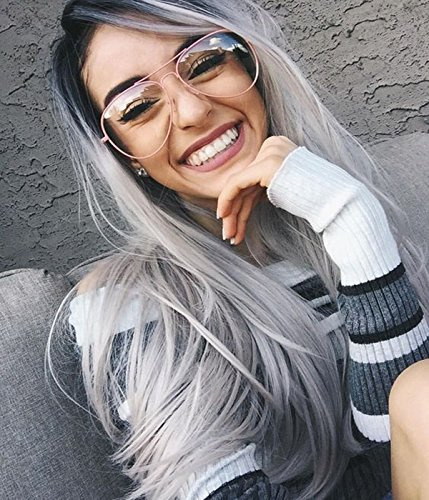 VEBONNY Synthetic Silver Perücken für Frauen Beste graue Perücke verwurzelt schwarz Ombre grau Perücken gewellte Ombre Spitze Front Perücke 22 Zoll VEBONNY Wig VEBONNY-014