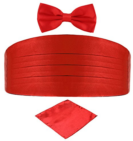 DonDon 3er Set Herren Kummerbund Fliege Einstecktuch farblich abgestimmt glänzend für feierliche Anlässe - Rot