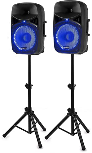 Vonyx VPS122A Altavoces autoamplificados Pack de 2 Altavoces Activo/Pasivo Bluetooth portátiles de 800W, 12 Pulgadas, micrófono con Cable, Control Remoto, Trípodes, Reproductor MP3 con USB y SD, Leds