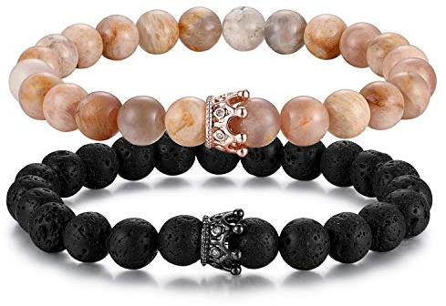 Flongo Partner Armbänder Freundschaftsarmband BFF Armbänder, Energiearmband Energie Armband Zirkonia Krone Lava Türkis Stein Gebet Mala Kugel Perle Herren,Damen Accessoires 2 Stück Set
