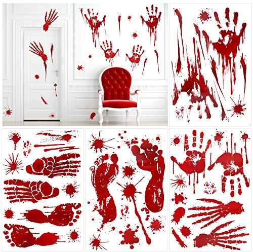 HOWAF Gruselige Halloween Fensterbilder, 80+ Blutige Handabdruck Handprints Fußabdrücke Fensteraufkleber für Halloween Deko Gruselig Fensterdeko, B