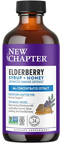 New Chapter Elderberry Syrup, 24 Servings, Immune Defense for Kids (4+) & Adults, 64x Concentrated Black Elderberry + Grade A Honey, No Corn Syrup, Non-GMO, Gluten Free | For Adults and Kids 2+, Black Elderberry with Throat-Soothing Syrup, Grade A Honey, Non-GMO and Gluten Free