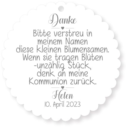 Blumensamen Geschenkanhänger – Runde Dankeschön Tags mit Wellenrand – 5 cm – weißes 300 g Papier – personalisierbar – Kommunion & Feste