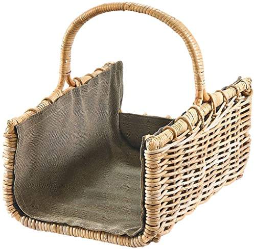 Kobolo Holztrage Holzkorb für Kaminholz eckig - Rattan grau - mit dunklem Stoff ausgestattet